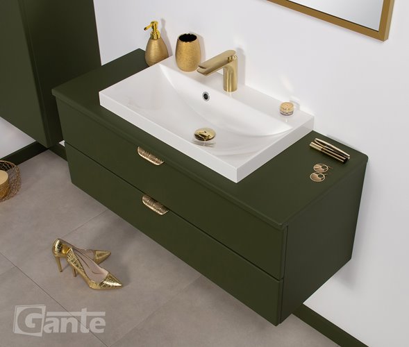 Szafka łazienkowa oliwkowa z umywalką nablatową złoty uchwyt 100 cm Magnolia Gante