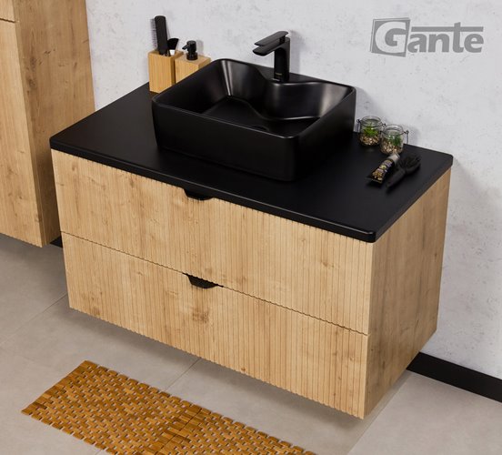 Szafka łazienkowa z czarną umywalką wisząca dąb naturalny 80 cm Brendo Gante
