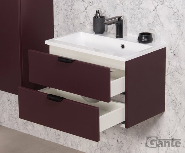 Burgundowa szafka łazienkowa wisząca z umywalką czarny uchwyt 60 cm Magnolia