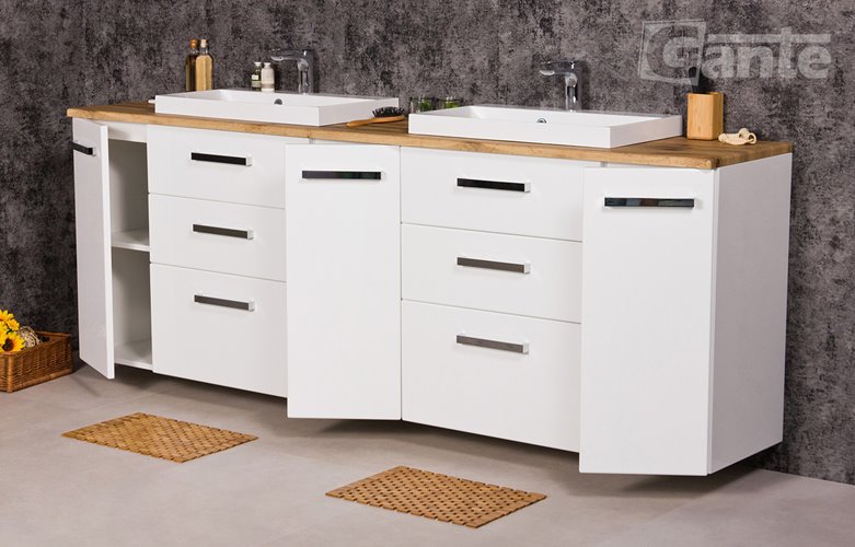 Szafka wisząca z dwiema umywalkami 210 cm z blatem w kolorze dąb naturalny 210/39/C3 seria Fokus B