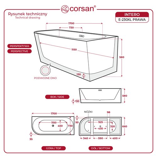 Wanna narożna przyścienna 170 cm Intero Corsan Prawa korek klik-klak chrom