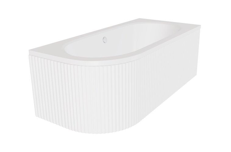 Biała ryflowana wanna asymetryczna akrylowa z obudową Avita Besco 160 cm Prawa