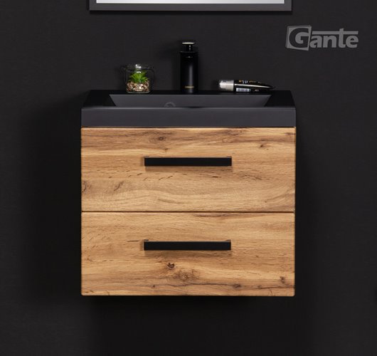 Szafka wisząca z czarną matową umywalką 50 cm kolor dąb naturalny 39/2 seria Fokus Loft Gante