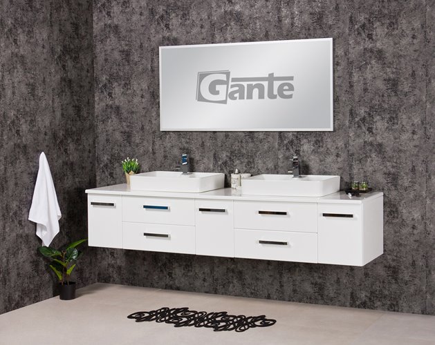 Szafka wisząca z dwiema umywalkami nablatowymi 210 cm z blatem w kolorze białym 210/39/C2 seria Fokus B