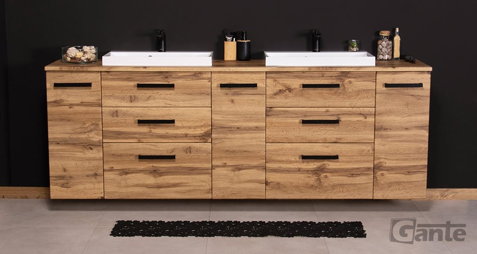 Szafka wisząca z dwiema umywalkami nablatowymi 210 cm 39/3 kolor dąb naturalny seria Fokus Loft Gante