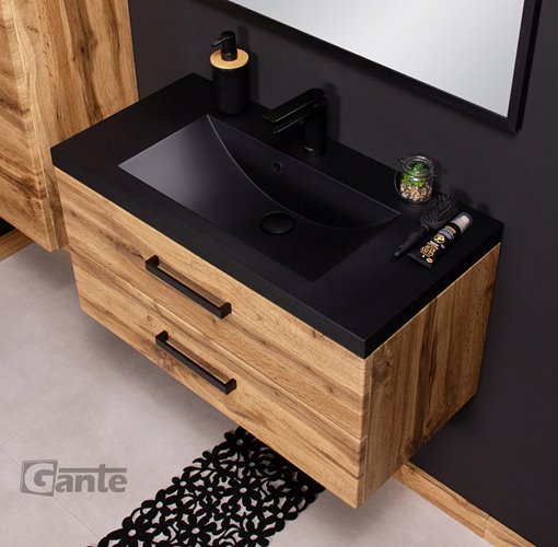 Szafka wisząca z czarną matową umywalką 80 cm kolor dąb naturalny 39/2 seria Fokus Loft Gante