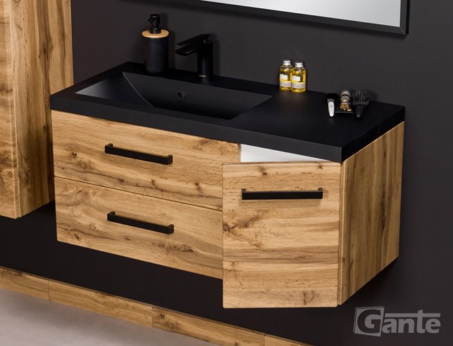 Szafka wisząca z czarną matową umywalką 90 cm kolor dąb naturalny 39/2 seria Fokus Loft Gante