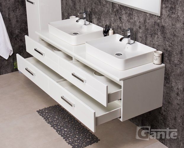 Szafka wisząca z dwiema umywalkami 160/50 cm blat biały seria Fokus B