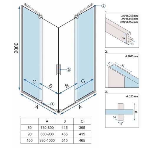 Złota szczotkowana kabina prysznicowa kwadratowa 90x90 Montana Double Rea