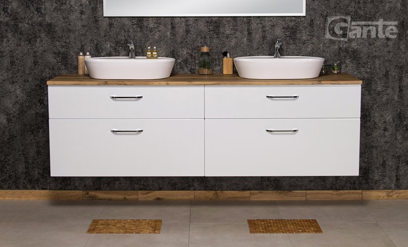 Szafka łazienkowa wisząca z dwiema umywalkami nablatowymi 200 cm SETTO MODULO kolor biały połysk