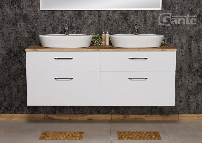 Szafka łazienkowa wisząca z dwiema umywalkami nablatowymi 160 cm SETTO MODULO kolor biały połysk