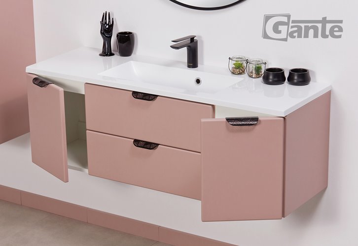 Szafka łazienkowa pudrowy róż z umywalką czarny uchwyt 120 cm Magnolia Gante