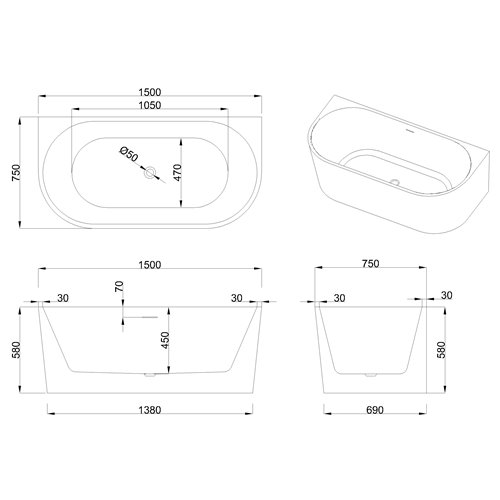Wanna wolnostojąca przyścienna 150 cm Astri Invena AN-03-15U-F zdjęcie 5