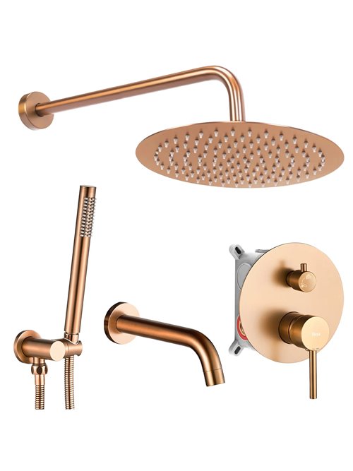 Miedź szczotkowana zestaw wannowo-prysznicowy podtynkowy box Lungo Rea