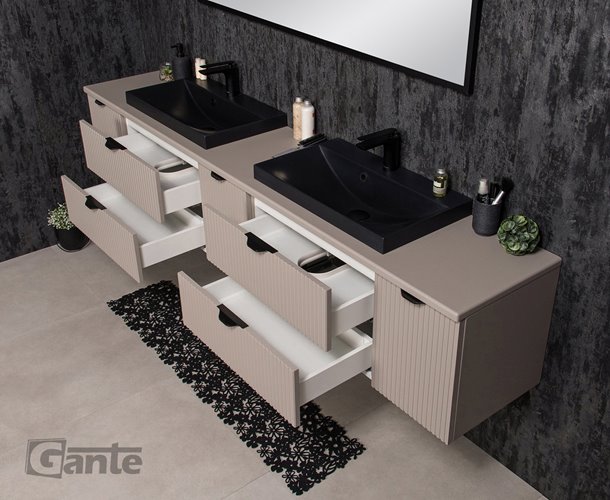 Szafka łazienkowa z lamelami wisząca z czarnymi nablatowymi umywalkami 210 cm 39/2 Victa Lamello kolor fume mat