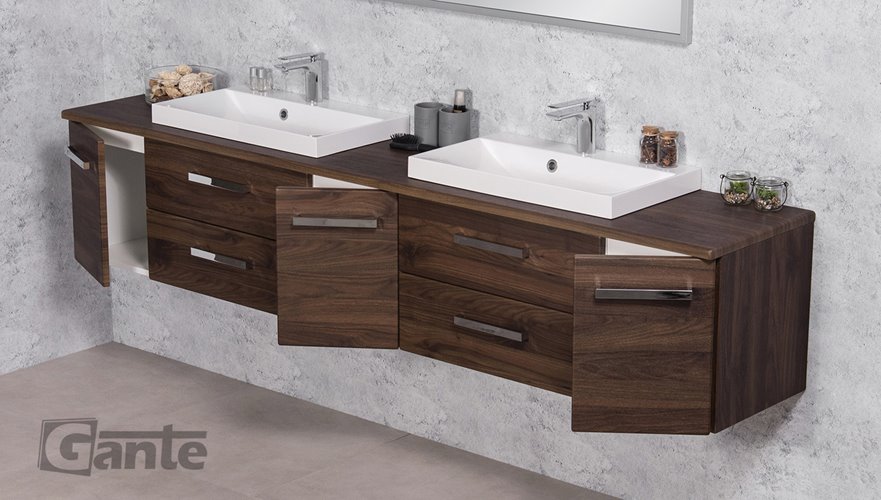 Szafka łazienkowa wisząca z dwiema umywalkami nablatowymi 210 cm 39/2 Fokus kolor orzech