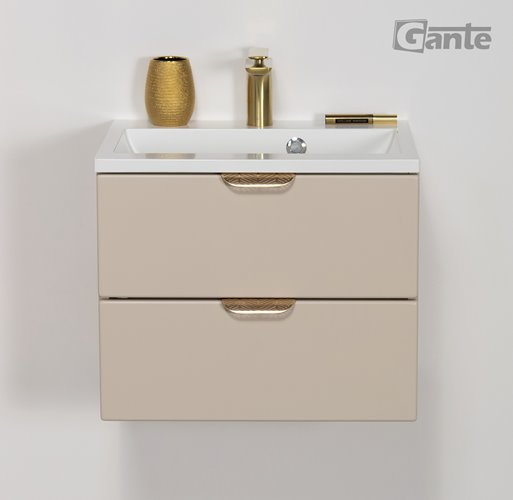 Piaskowa szafka łazienkowa wisząca z umywalką złoty uchwyt 50 cm Magnolia