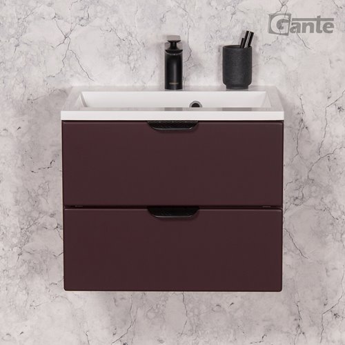 Burgundowa szafka łazienkowa wisząca z umywalką czarny uchwyt 50 cm Magnolia