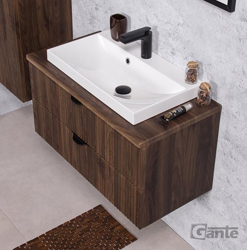 Szafka łazienkowa z lamelami wisząca z umywalką nablatową 80 cm 39/2 Victa Lamello kolor orzech