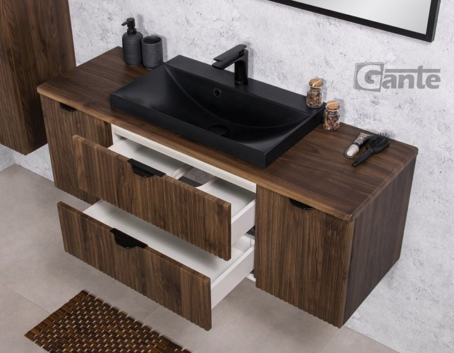 Szafka łazienkowa z lamelami wisząca z czarną umywalką nablatową 120 cm 39/2 Victa Lamello kolor orzech