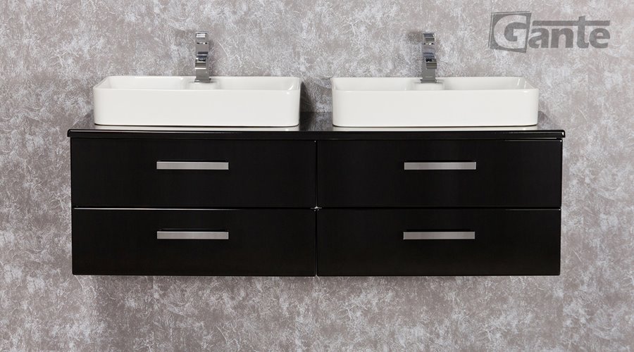 Czarna szafka wisząca z dwiema umywalkami 140 cm Luna seria Fokus C