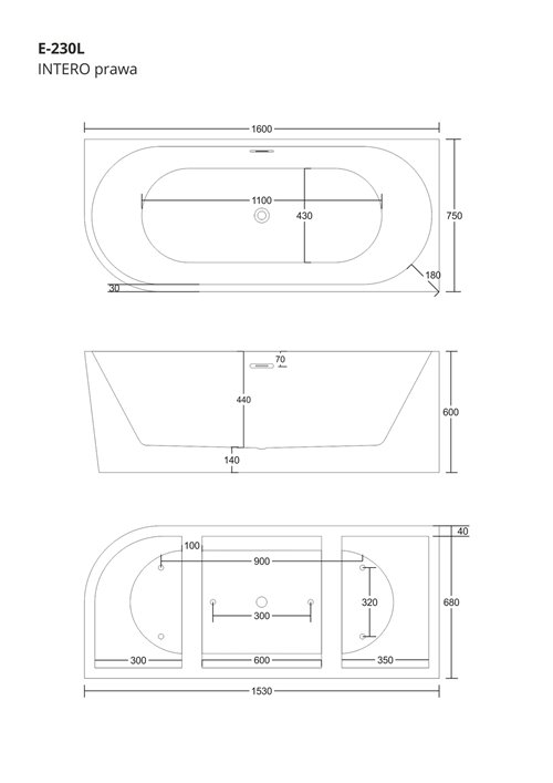 Wanna narożna przyścienna 160 cm Intero Corsan Prawa korek klik-klak czarny