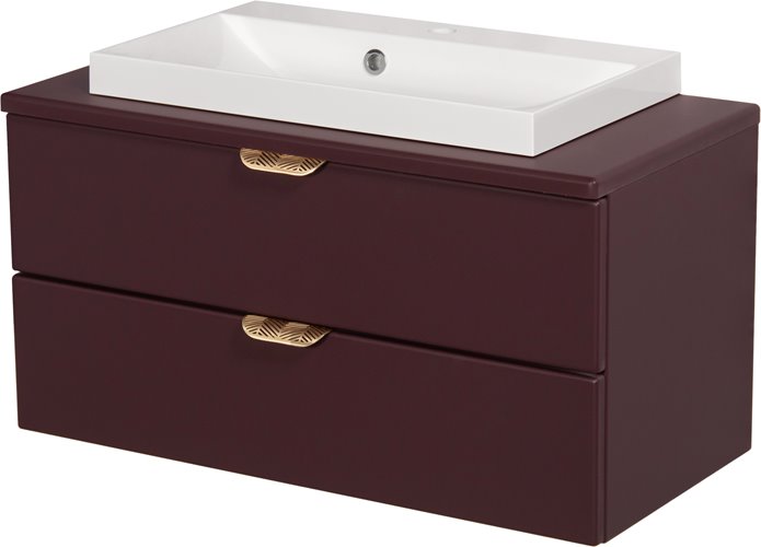 Burgundowa szafka łazienkowa wisząca z białą umywalką nablatową złoty uchwyt 80 cm Magnolia