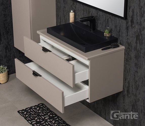 Szafka łazienkowa z lamelami wisząca z czarną nablatową umywalką 80 cm 39/2 Victa Lamello kolor fume mat