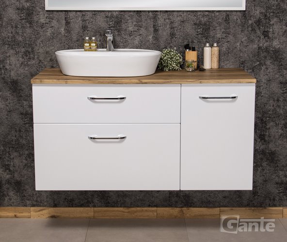 Szafka łazienkowa wisząca z umywalką nablatową i koszem 120 cm SETTO MODULO kolor biały połysk