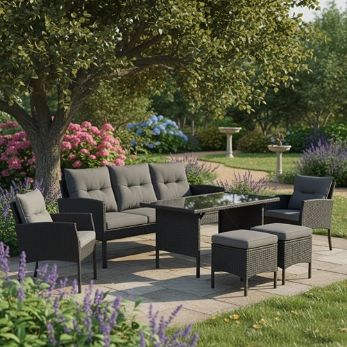 Zestaw mebli ogrodowych z technorattanu sofa, stół, krzesła, pufy Manas zdjęcie 14