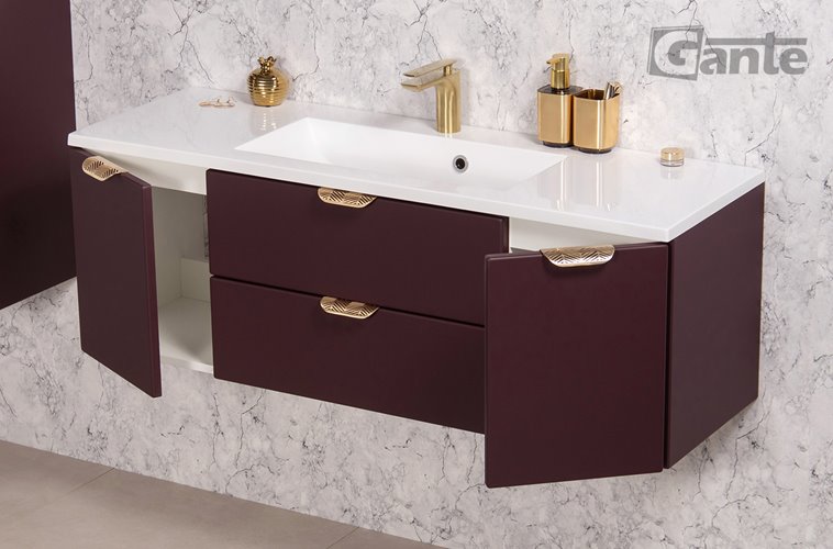Burgundowa szafka łazienkowa wisząca z umywalką złoty uchwyt 120 cm Magnolia