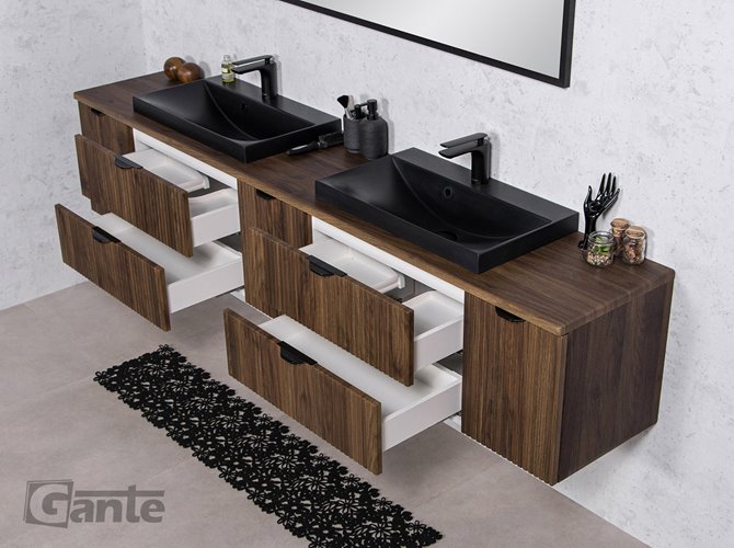 Szafka łazienkowa z lamelami wisząca z dwiema czarnymi umywalkami nablatowymi 210 cm 39/2 Victa Lamello kolor orzech