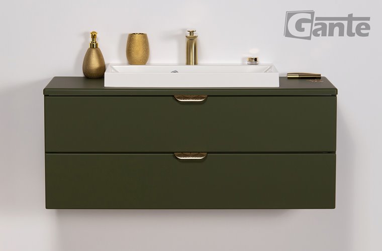 Szafka łazienkowa oliwkowa z umywalką nablatową złoty uchwyt 100 cm Magnolia Gante