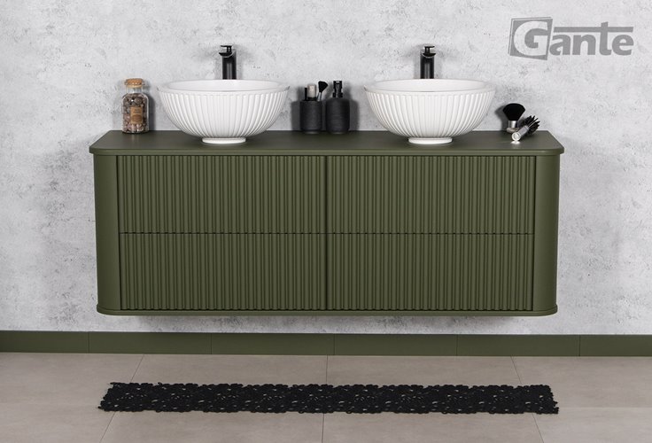 Szafka łazienkowa wisząca ryflowane fronty z umywalką LILIA 140 cm oliwkowy mat z umywalką Gante