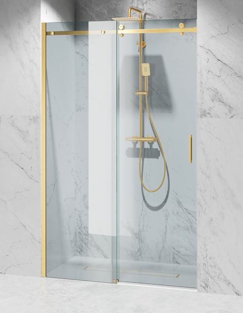 Drzwi prysznicowe rozsuwane prawe/lewe do wnęki 93-97 cm szkło 8mm przeźroczyste profile złoty mat Swiss Liniger