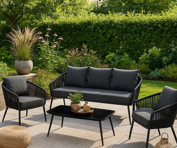 Zestaw mebli ogrodowych metalowych stół, sofa oraz fotele Sierra kolor czarny