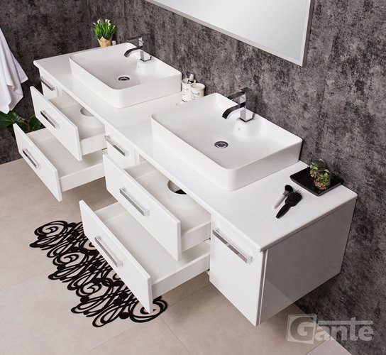 Szafka wisząca z dwiema umywalkami nablatowymi 210 cm z blatem w kolorze białym 210/39/C2 seria Fokus B