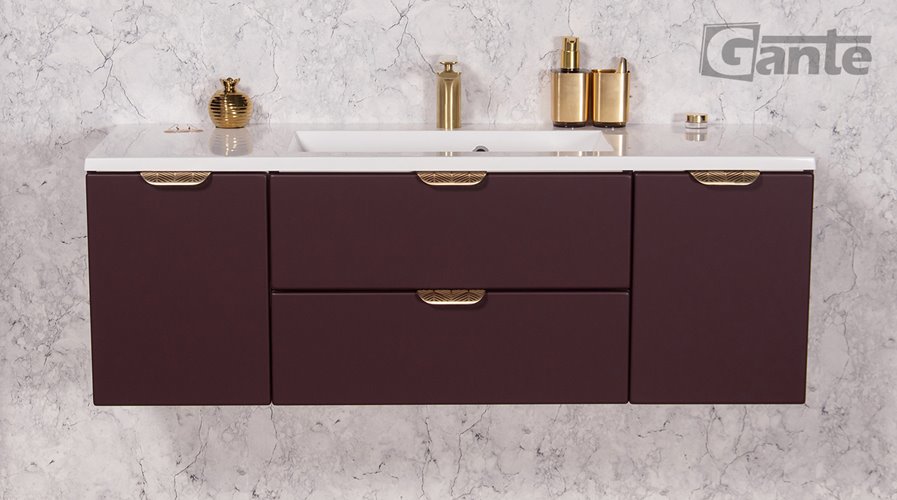 Burgundowa szafka łazienkowa wisząca z umywalką złoty uchwyt 120 cm Magnolia