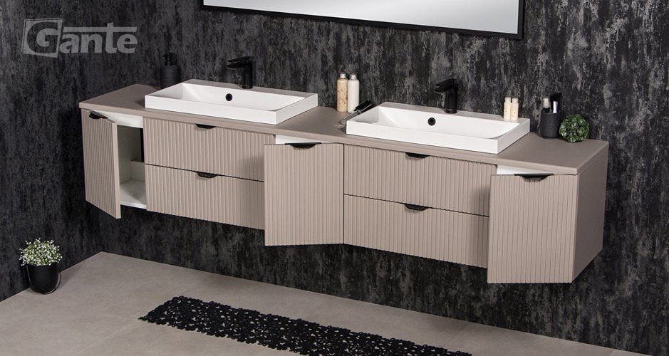 Szafka łazienkowa z lamelami wisząca z nablatowymi umywalkami 210 cm 39/2 Victa Lamello kolor fume mat