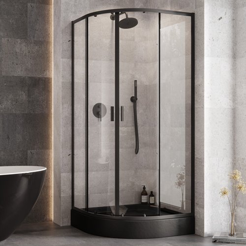 Zarya Besco czarna kabina prysznicowa 90x90 powłoka ProClean + czarny brodzik 15 cm Alex Stone Effect Black