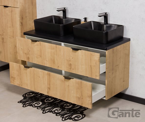 Szafka łazienkowa z dwiema czarnymi umywalkami wisząca dąb naturalny 120 cm Brendo Gante