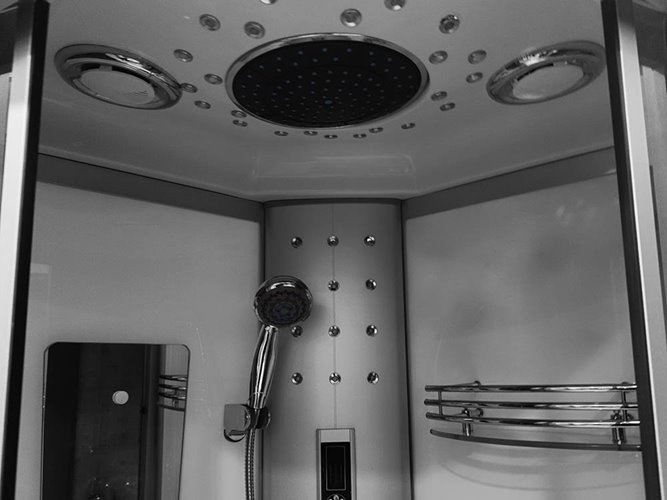 Kabina prysznicowa biała wewnątrz zabudowana z hydromasażem niski brodzik 80x80 cm MO-06089AW