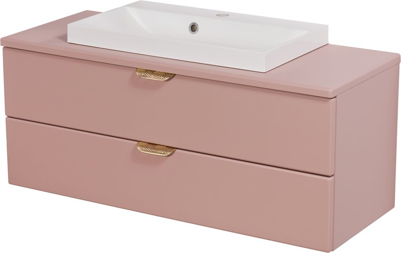 Szafka łazienkowa pudrowy róż z umywalką nablatową złoty uchwyt 100 cm Magnolia Gante