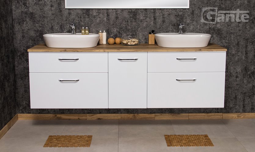 Szafka łazienkowa wisząca z dwiema umywalkami nablatowymi i koszem 160 cm SETTO MODULO kolor biały połysk