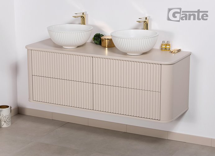 Szafka łazienkowa wisząca ryflowane fronty z umywalką LILIA 140 cm piaskowy mat z umywalką Gante