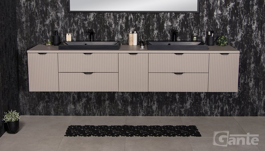 Szafka łazienkowa z lamelami wisząca z czarnymi nablatowymi umywalkami 210 cm 39/2 Victa Lamello kolor fume mat