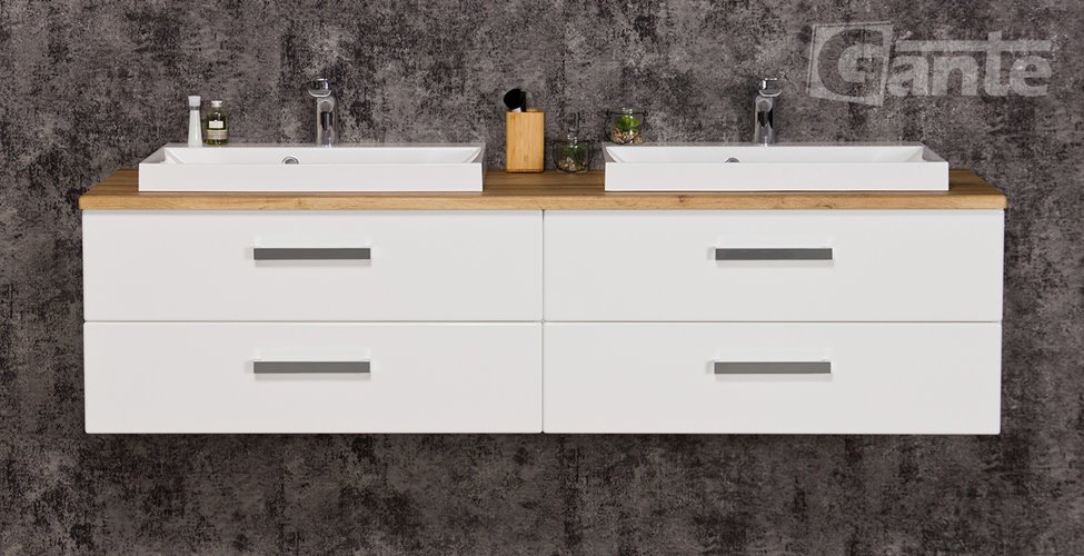 Szafka wisząca z dwiema umywalkami 160 cm blat dąb naturalny seria Fokus B