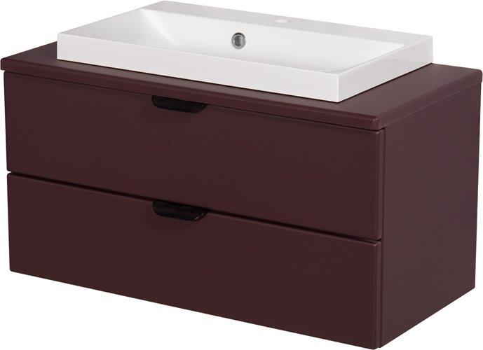 Burgundowa szafka łazienkowa wisząca z białą umywalką nablatową czarny uchwyt 80 cm Magnolia