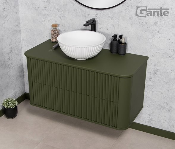 Szafka łazienkowa wisząca ryflowane fronty z umywalką LILIA 100 cm oliwkowy mat z umywalką Gante