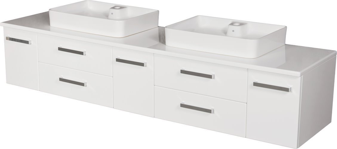 Szafka wisząca z dwiema umywalkami nablatowymi 210 cm z blatem w kolorze białym 210/39/C2 seria Fokus B